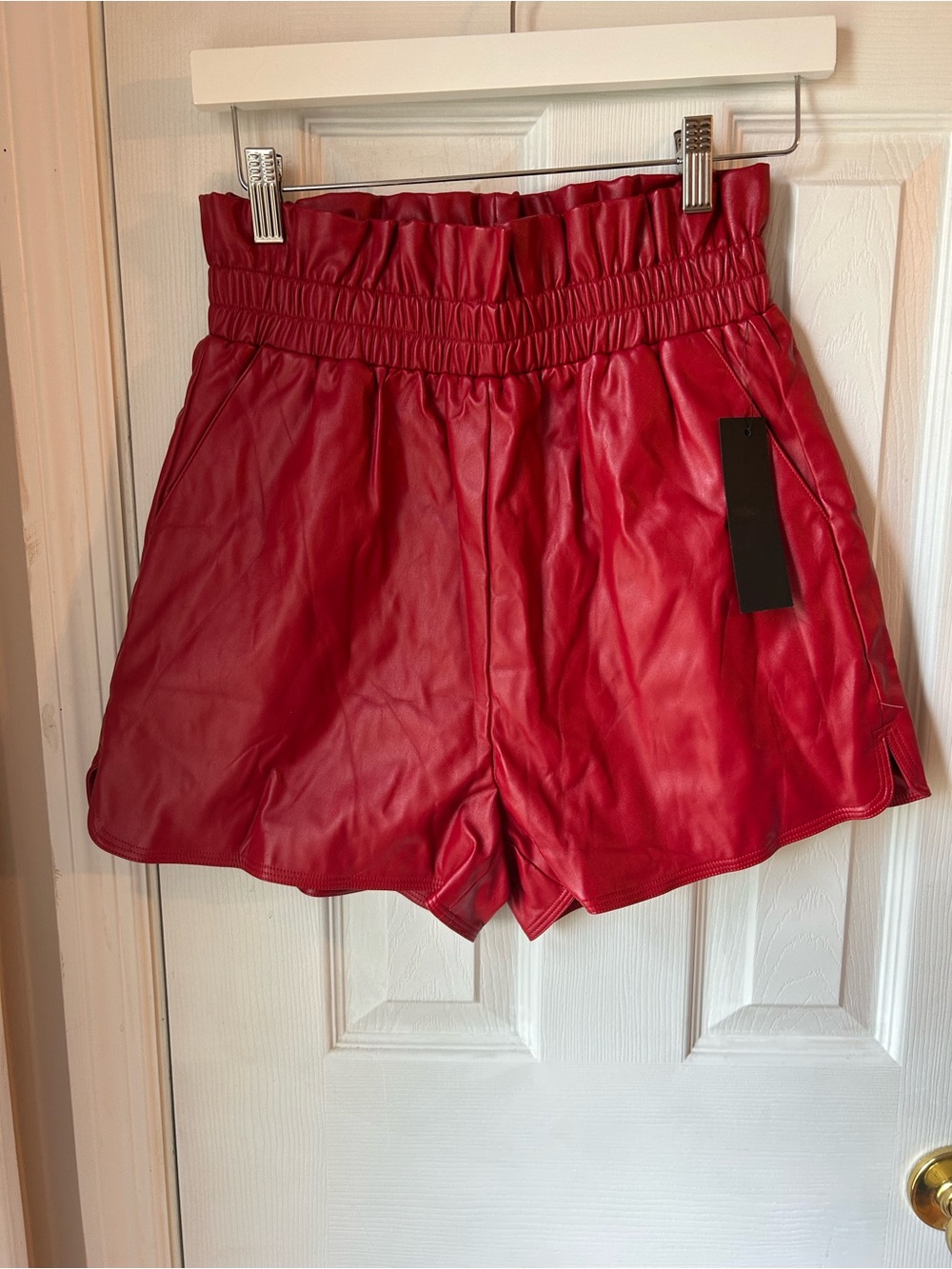 High-Waist Red Faux Leather Paperbag Shorts
